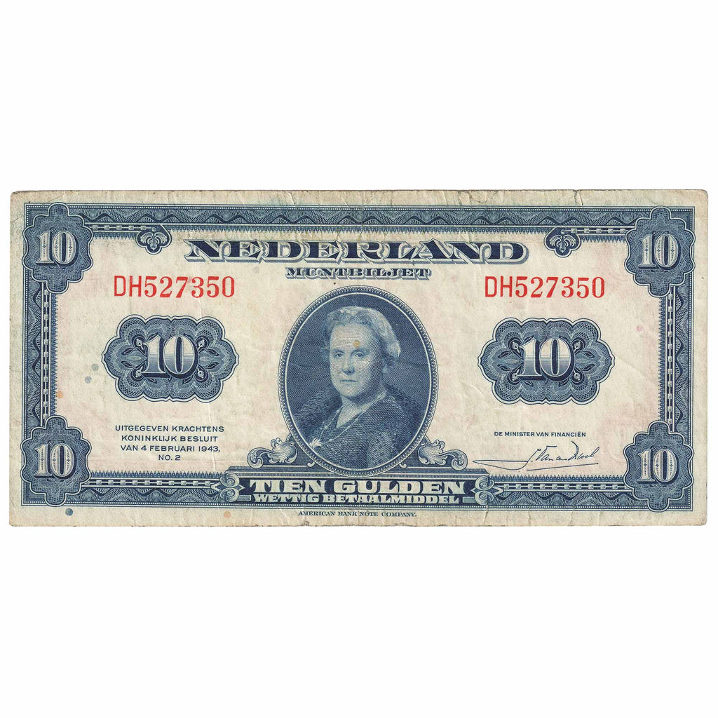 Netherlands 1943 10 Gulden Note, Pick #66a, VF