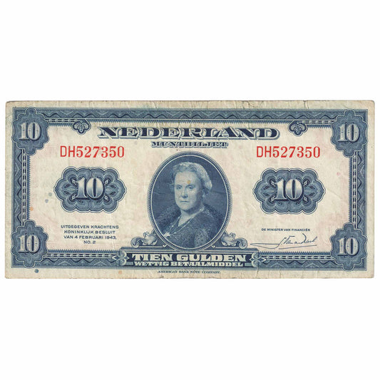 Netherlands 1943 10 Gulden Note, Pick #66a, VF