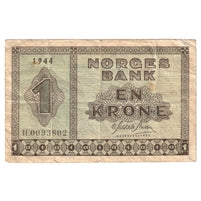 Norway 1944 1 Krone Note, Pick #15a, F