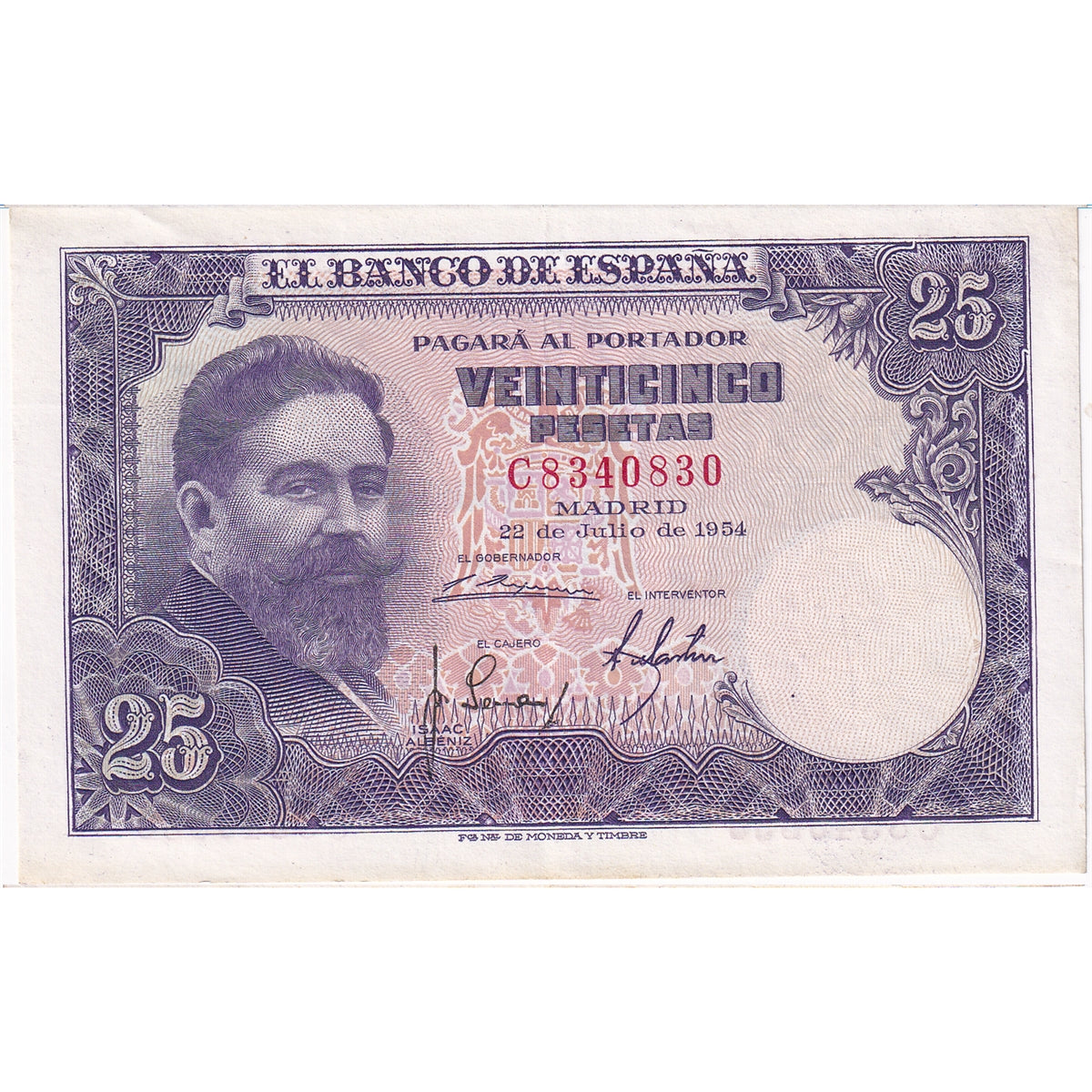 Spain Note 1954 25 Pesetas, EF-AU