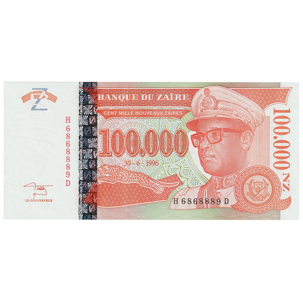 Zaire 1996 100,000 Nouveaux Zaires Note, Pick #76a, UNC