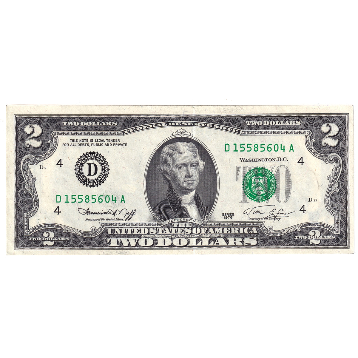 USA 1976 $2 Note, FR #1935D, Neff-Simon, Cleveland, UNC
