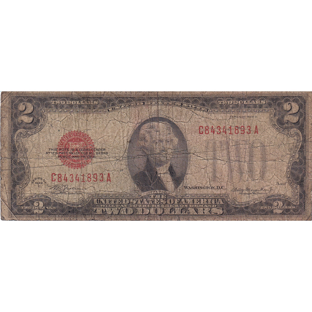 USA 1928D $2 Note, FR #1505, Julian-Morgenthau, VG