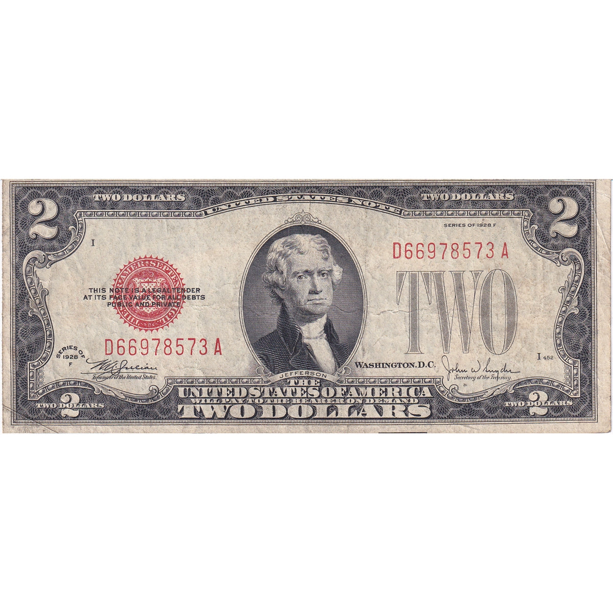 USA 1928F $2 Note, FR #1507, Julian-Snyder, VF-EF
