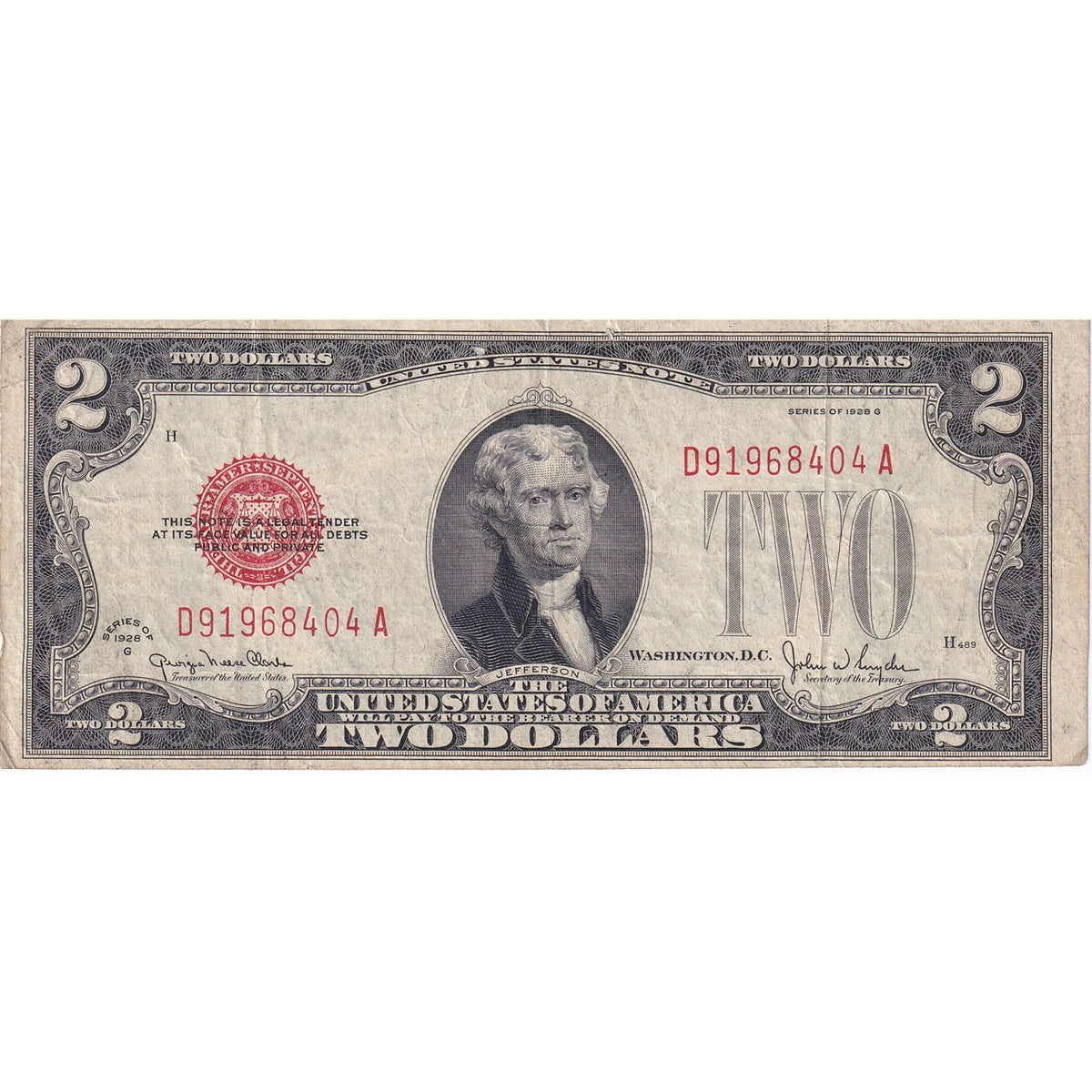 USA 1928G $2 Note, FR #1508, Clark-Snyder, VF