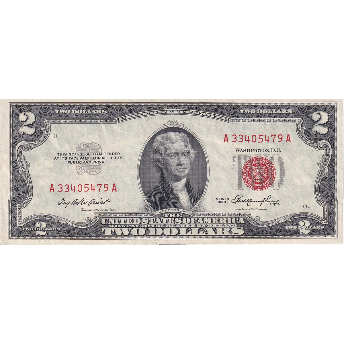 USA 1953 $2 Note, FR #1509, Priest-Humphrey, AU