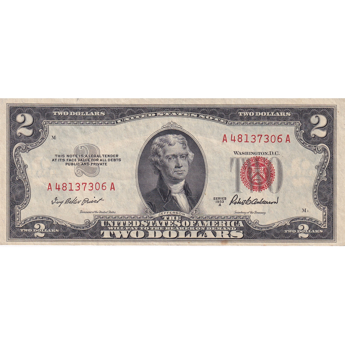 USA 1953A $2 Note, FR #1510, Priest-Anderson, AU