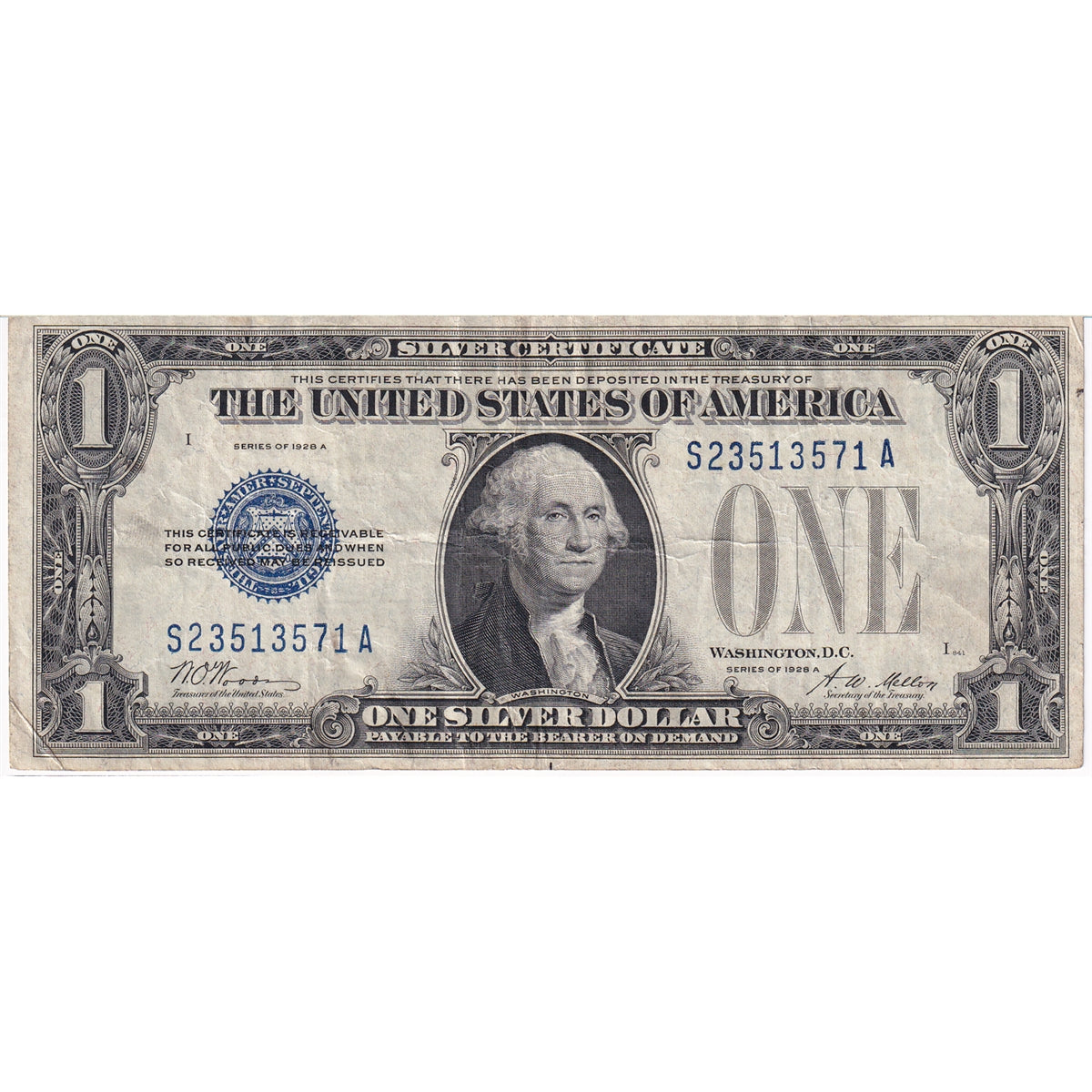 USA 1928A $1 Note, FR #1601, Woods-Mellon, Silver Certificate, VF