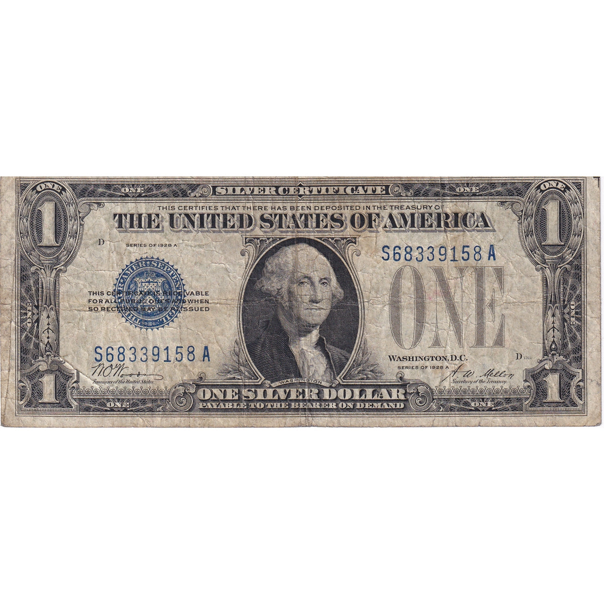USA 1928A $1 Note, FR #1601, Woods-Mellon, Silver Certificate, F