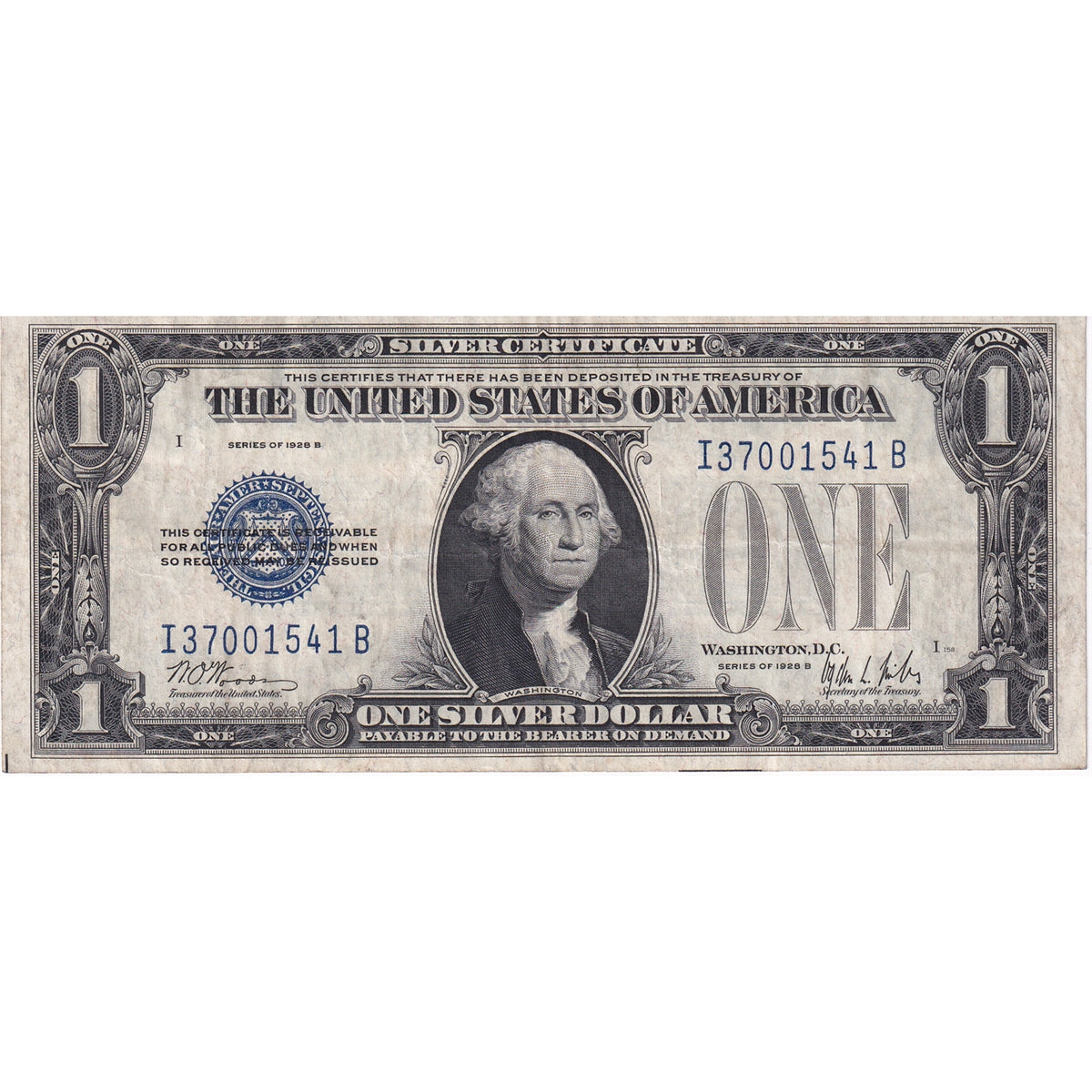 USA 1928B $1 Note, FR #1602, Woods-Mills, Silver Certificate, VF-EF