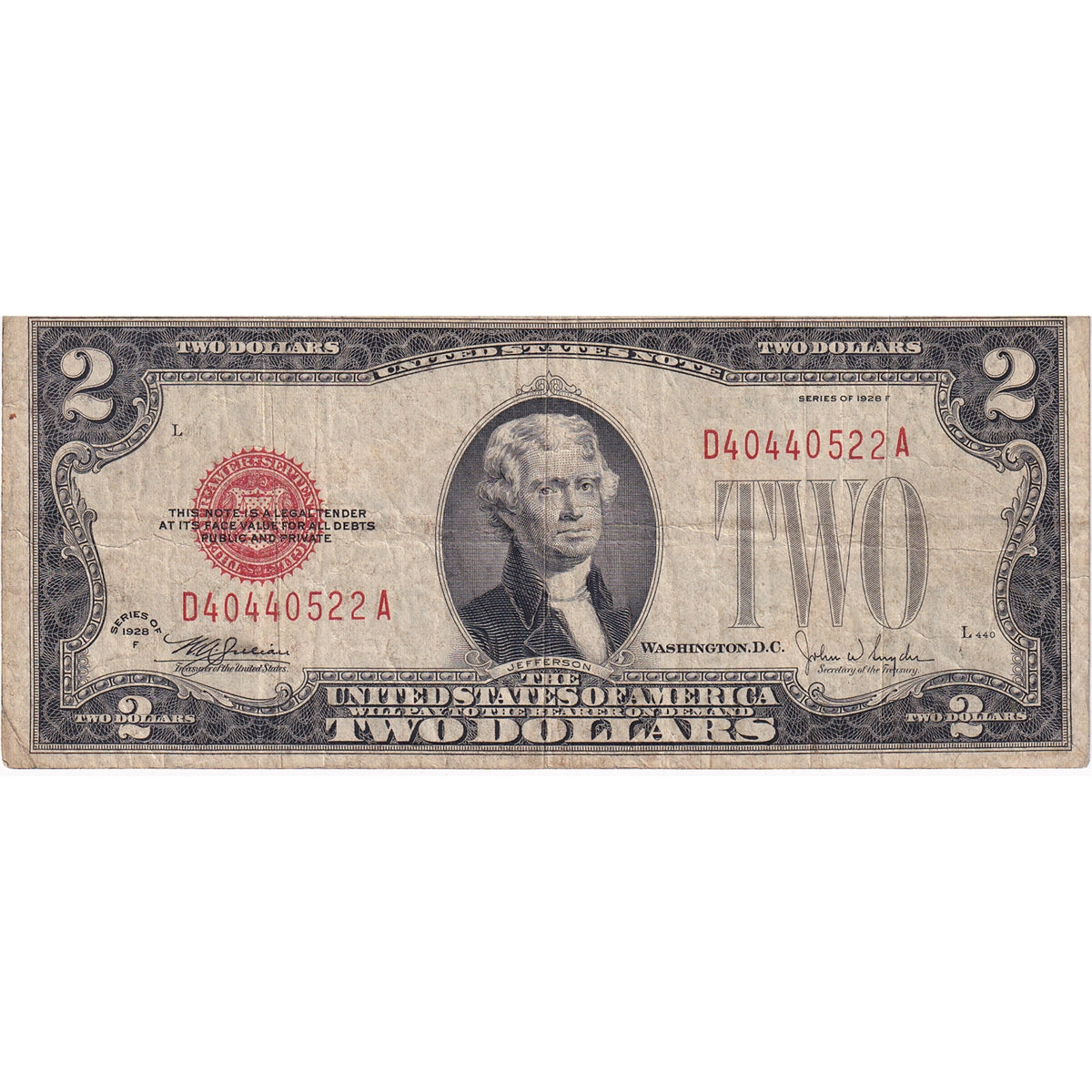 USA 1928F $2 Note, FR #1507, Julian-Snyder, F-VF