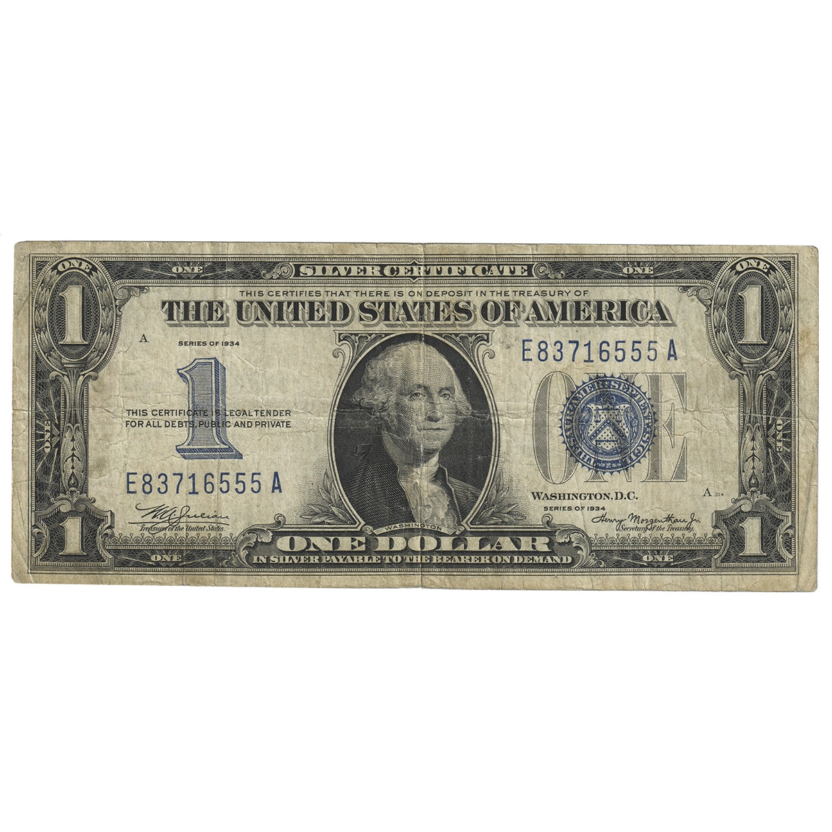 USA 1934 $1 Note, FR #1606, Julian-Morgenthau, Silver Certificate, F-VF