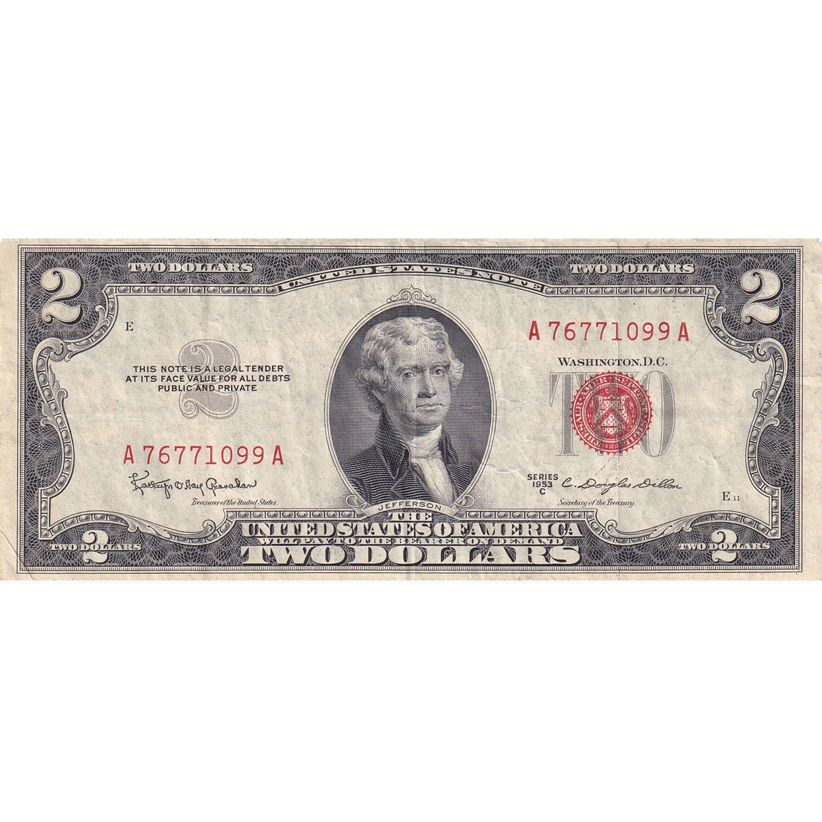USA 1953C $2 Note, FR #1512, Granahan-Dillon, VF-EF