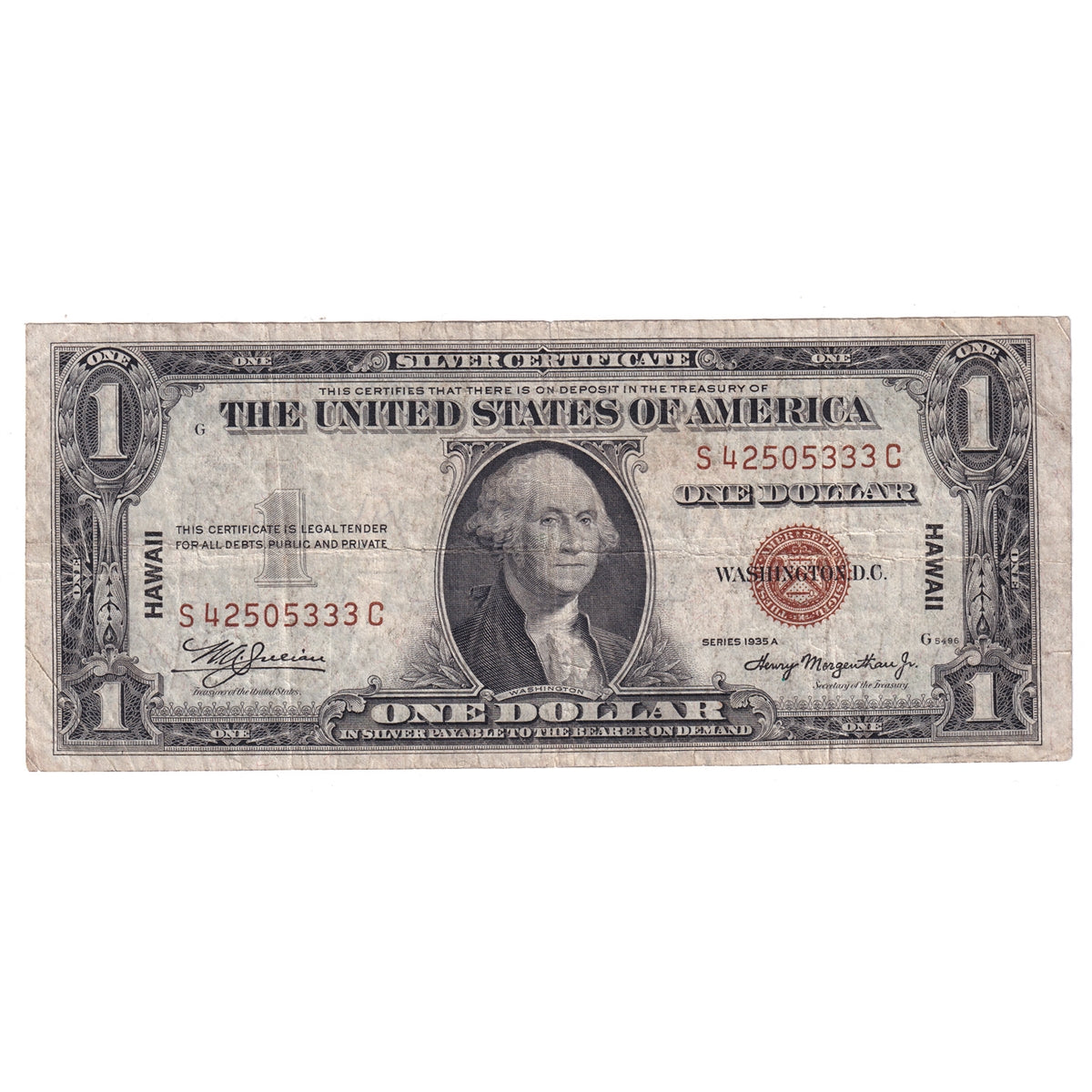 USA 1935A $1 Note, Silver Certificate, FR #2300, Julian-Morgenthau, Hawaii, VF