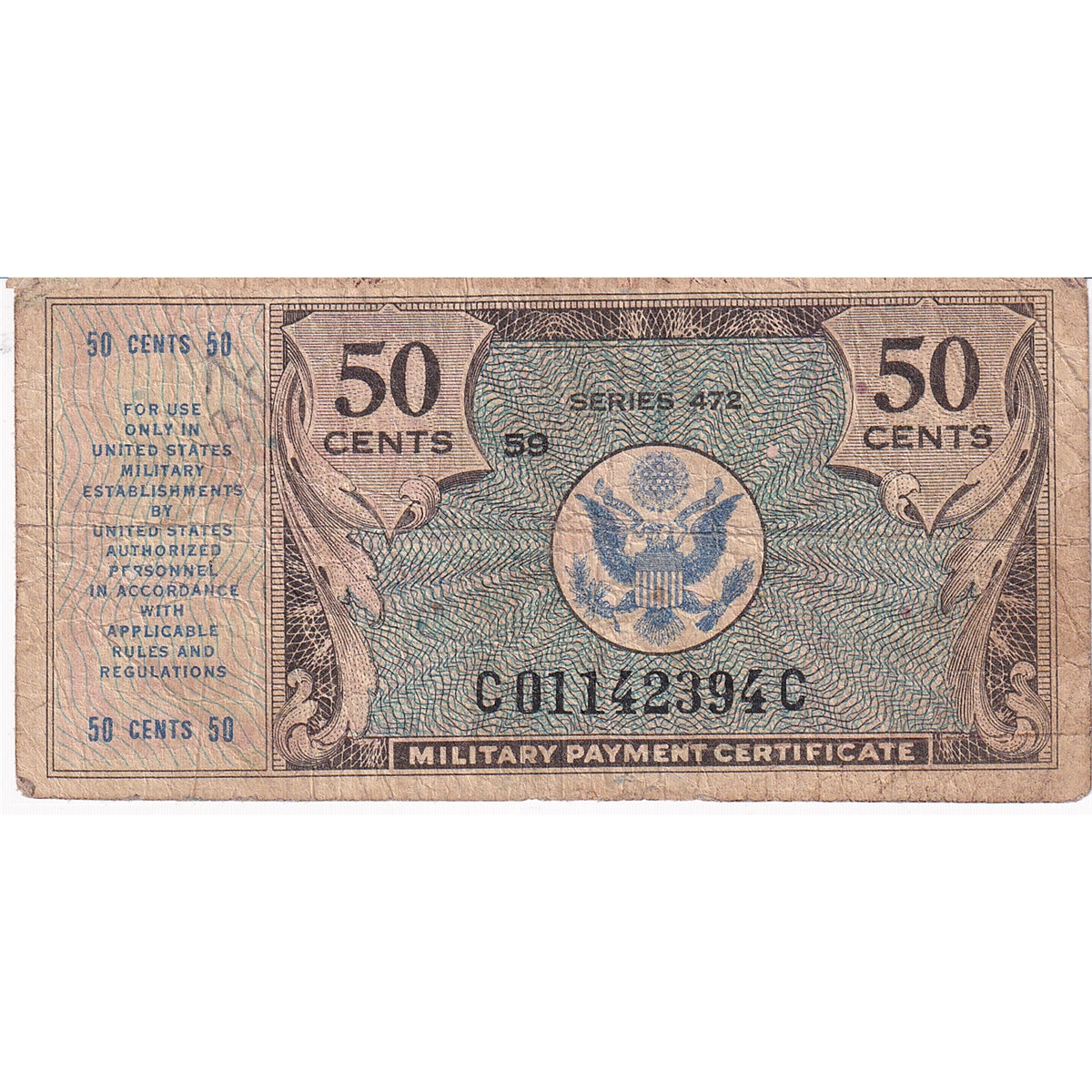 USA 1948-51 50-Cents Military PMT Certificate, Series 472, F
