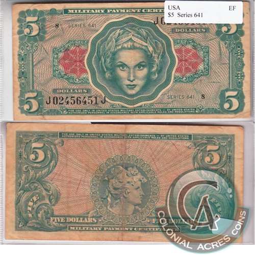 USA $5 Note, Military PMT Certificate, Series 641 EF