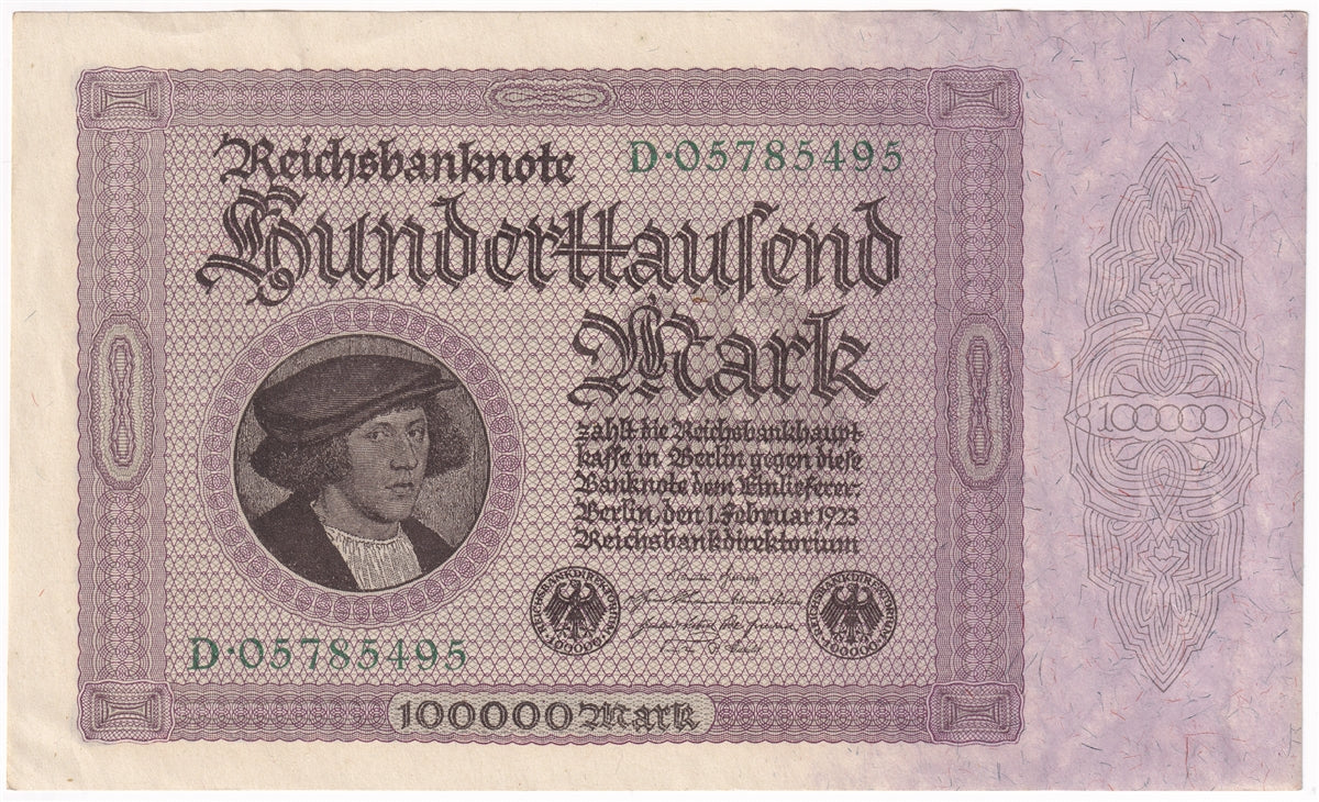 Germany 1923 100,000 Mark Note, Pick #83a, AU-UNC