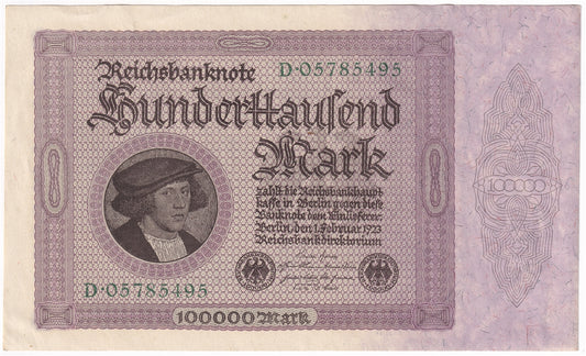 Germany 1923 100,000 Mark Note, Pick #83a, AU-UNC