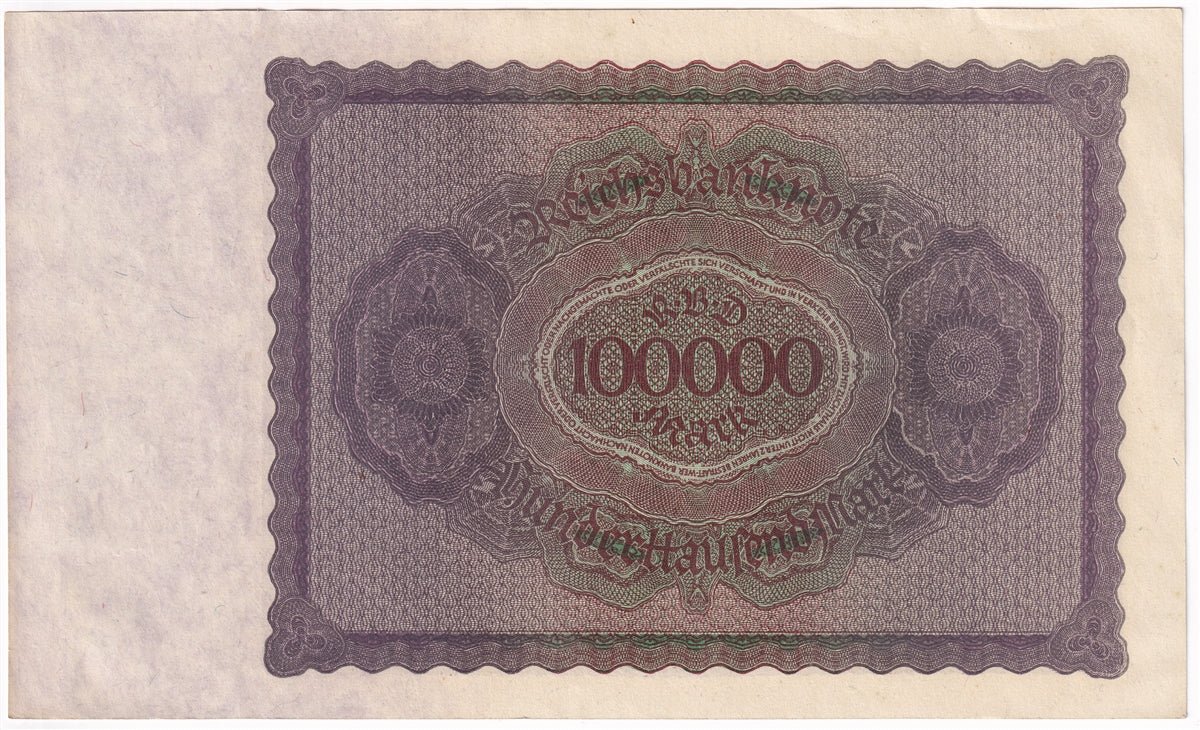 Germany 1923 100,000 Mark Note, Pick #83a, AU-UNC