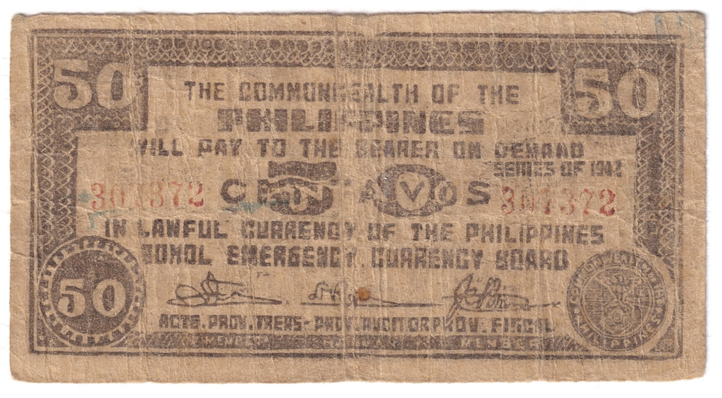 Philippines Note 1942 50 Centavos, Bohol, VG