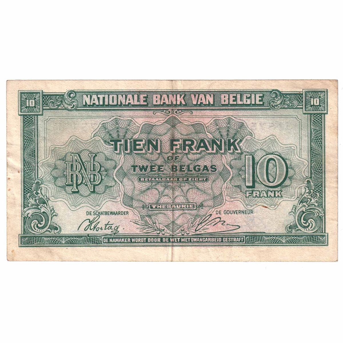 Belgium Note 1943, Pick #122, 10 Francs, EF