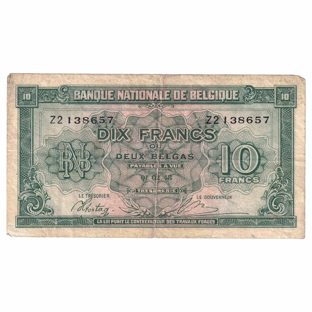 Belgium Note 1943 10 Francs, VF-EF