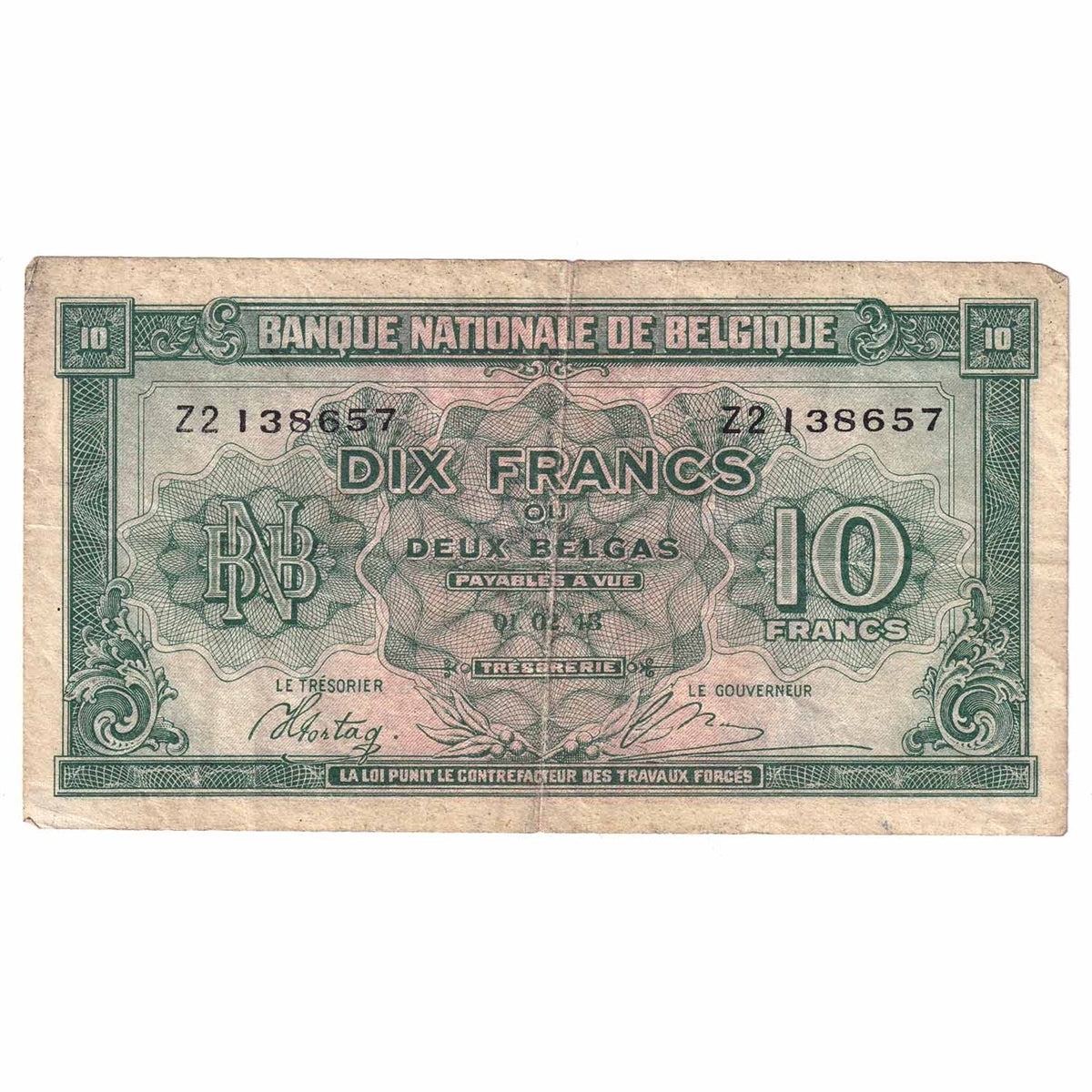 Belgium Note 1943 10 Francs, VF-EF
