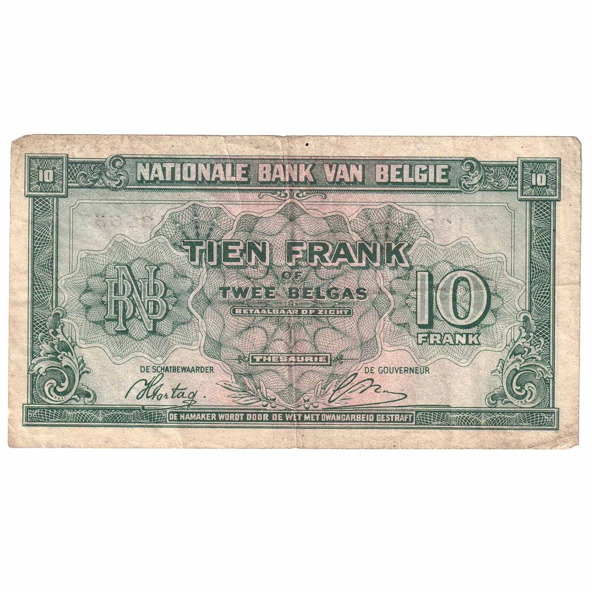 Belgium Note 1943 10 Francs, VF-EF