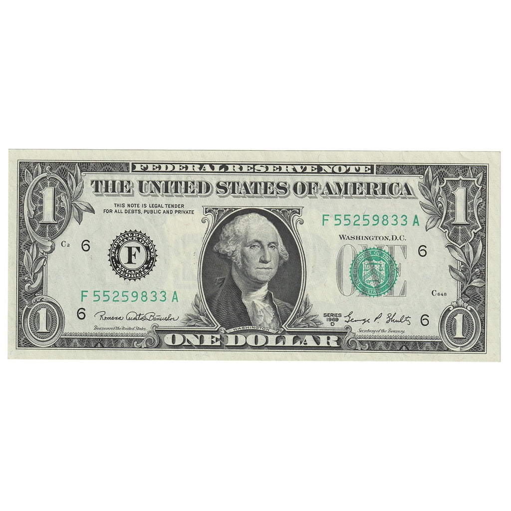 USA 1969D $1 Note, FR #1907F, Banuelos-Shultz, Atlanta, AU-UNC