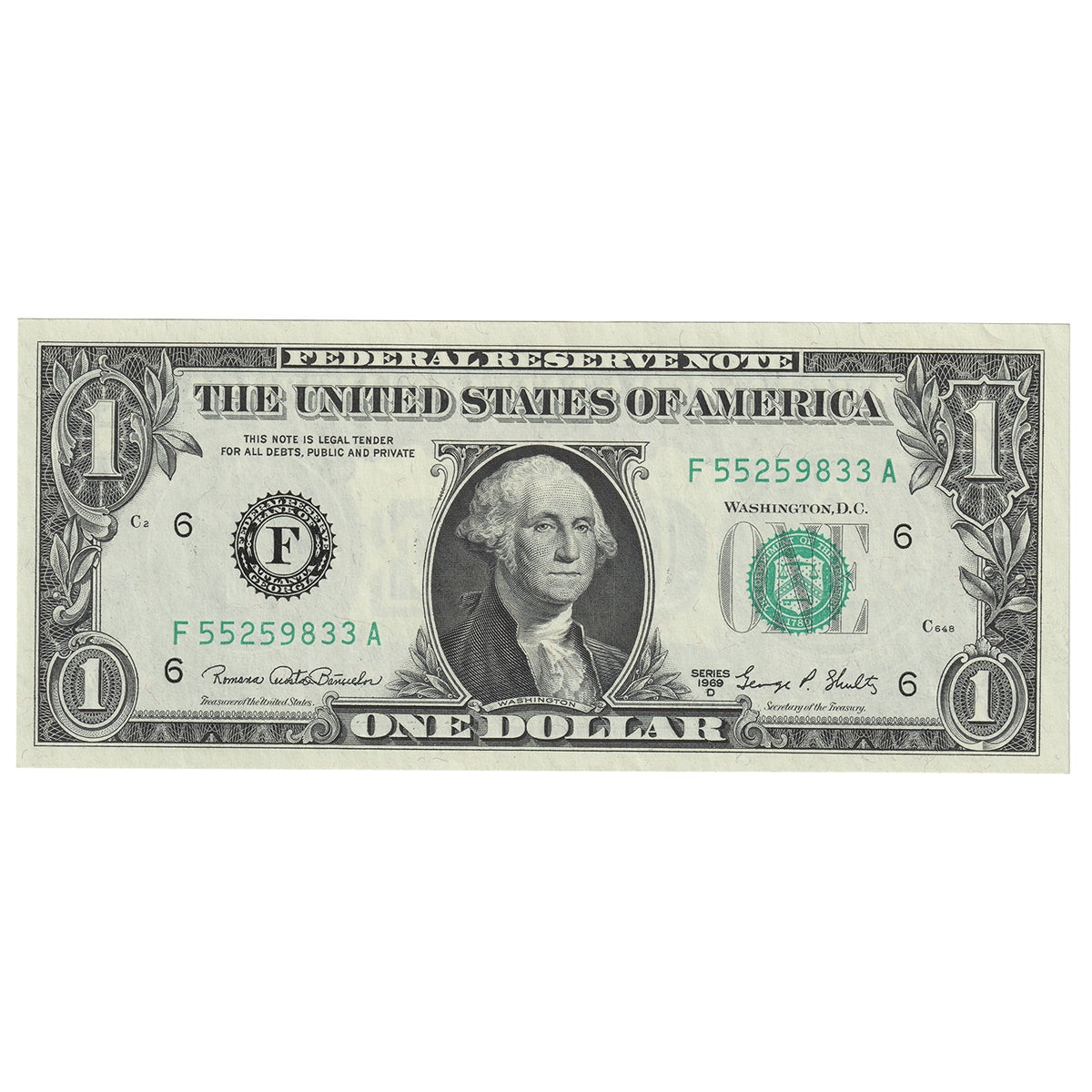 USA 1969D $1 Note, FR #1907F, Banuelos-Shultz, Atlanta, AU-UNC