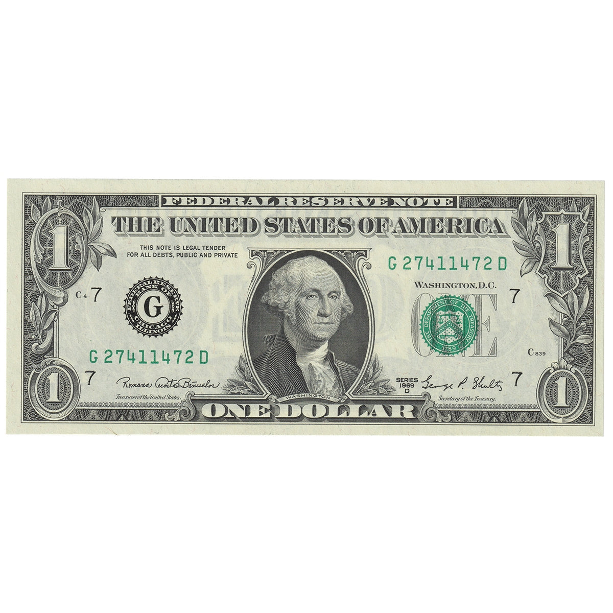 USA 1969D $1 Note, FR #1907G, Banuelos-Shultz, Chicago, UNC