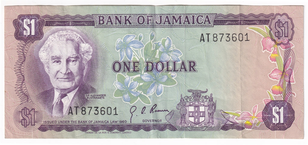 Jamaica Note 1970 1 Dollar, VF-EF