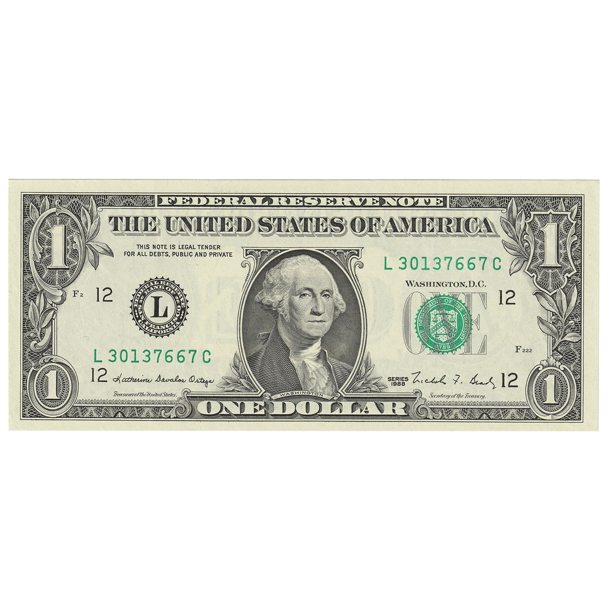 USA 1988 $1 Note, FR #1914L, Ortega-Brady, San Francisco, UNC