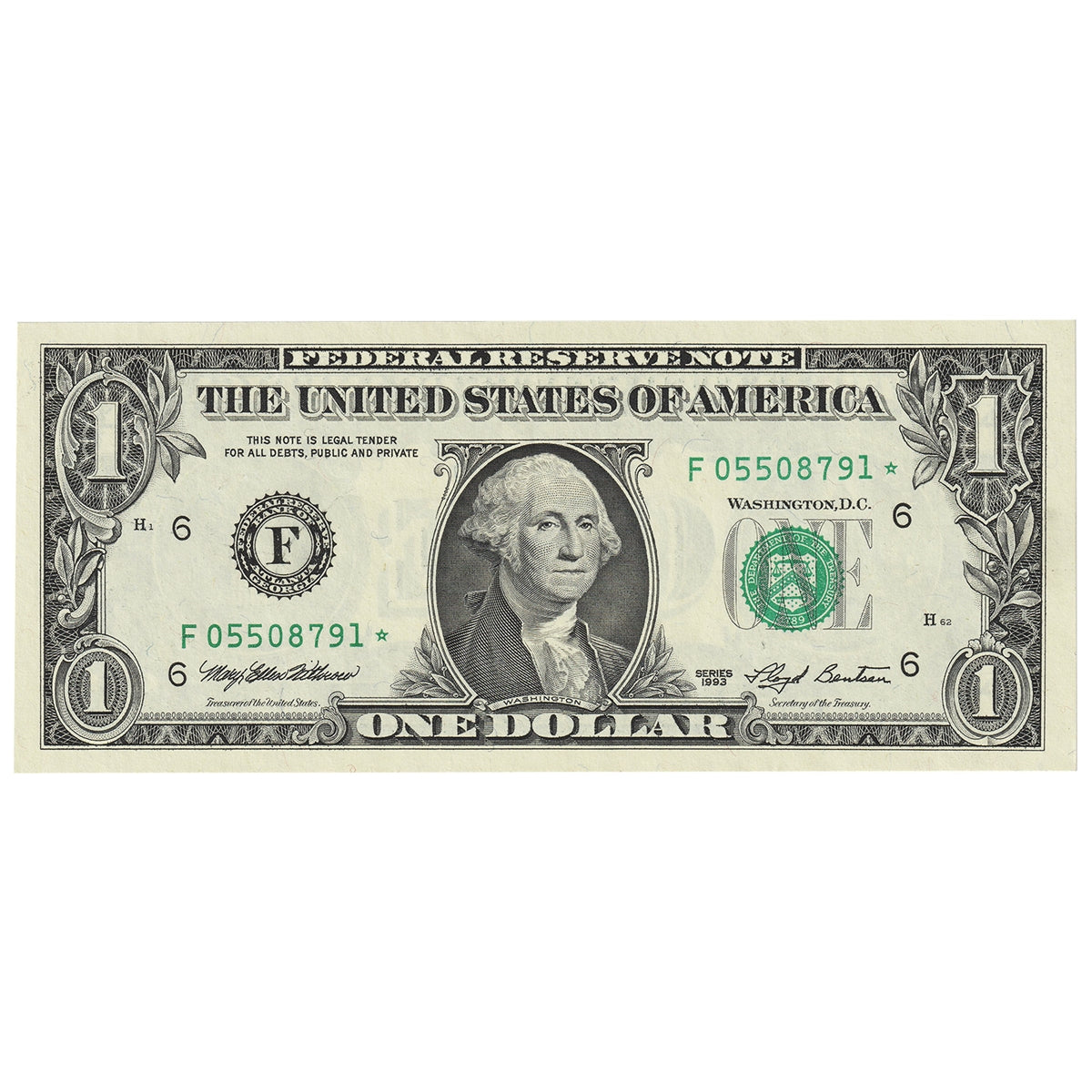 USA 1993 $1 Note, FR #1918F*, Withrow-Bentsen, Star Note, Atlanta, UNC