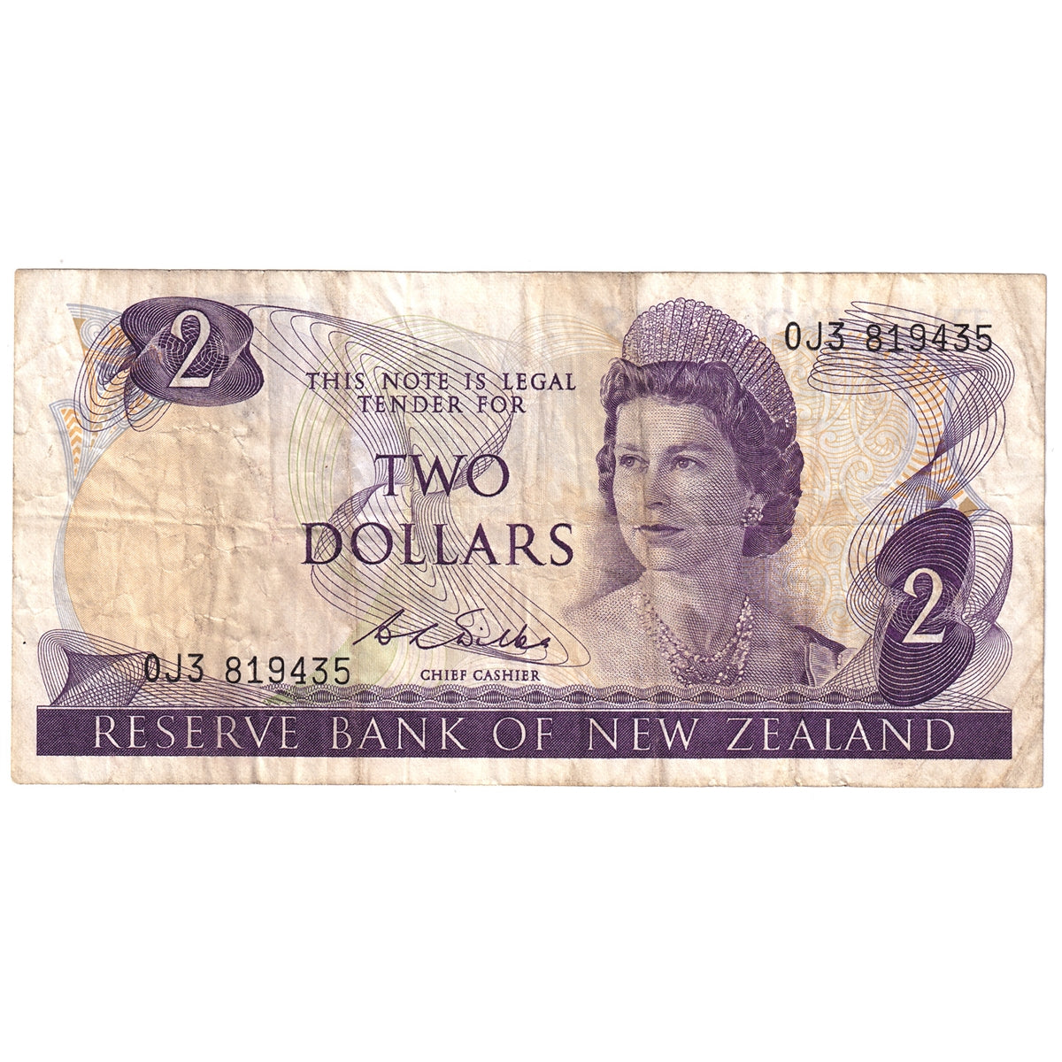 New Zealand Note 1968-75 2 Dollars, Wilks Signature, VF