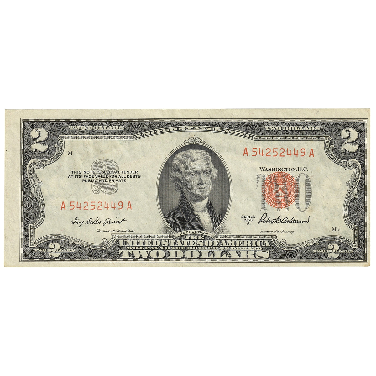 USA 1953A $2 Note, FR #1510, Priest-Anderson, AU-UNC