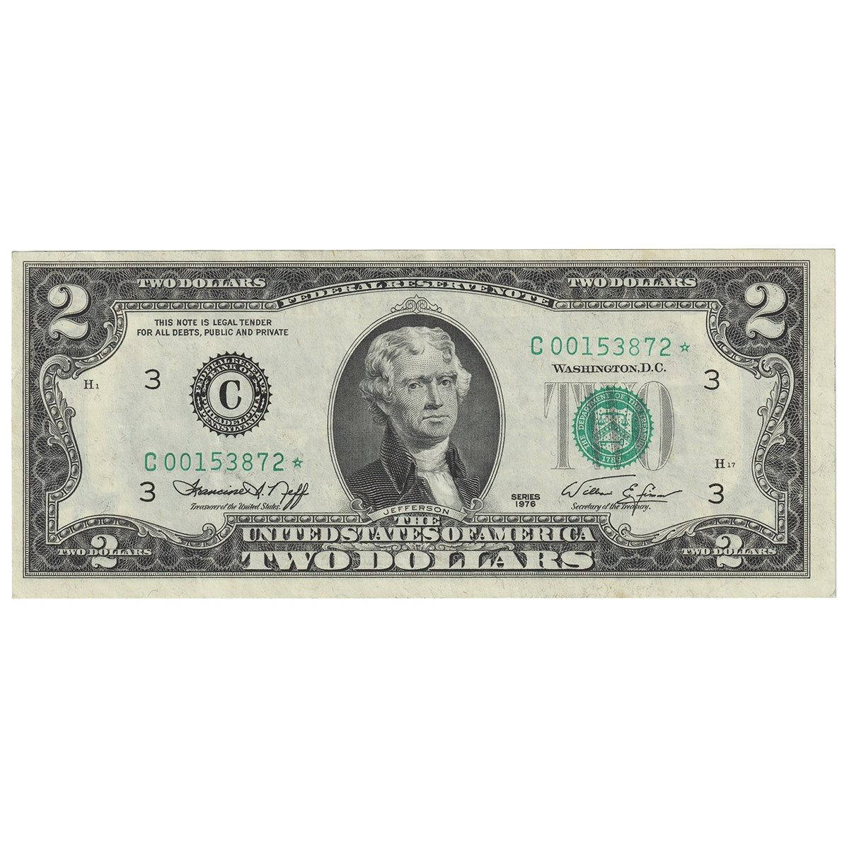 USA 1976 $2 Note, FR #1935C*, Neff-Simon, Star Note, Philadelphia, AU