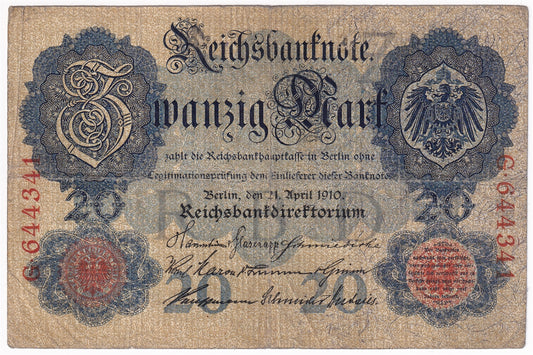 Germany 1910 20 Mark Note, Pick #40a 6 Digit, VG-F