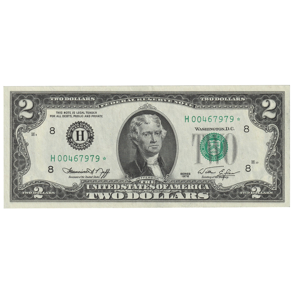 USA 1976 $2 Note, FR #1935H*, Neff-Simon, Star Note, St. Louis, AU