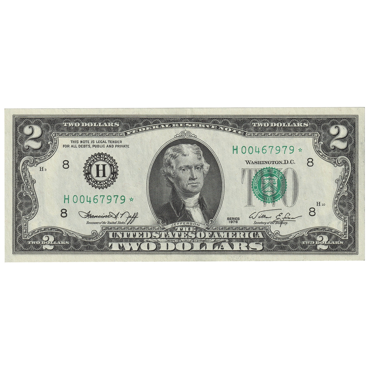 USA 1976 $2 Note, FR #1935H*, Neff-Simon, Star Note, St. Louis, AU