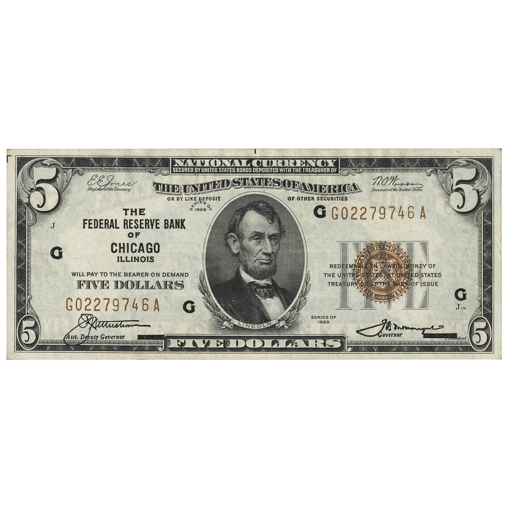 USA 1929 $5 Note, FR #1850G, Jones-Woods, Federal Reserve Bank of Chicago, EF