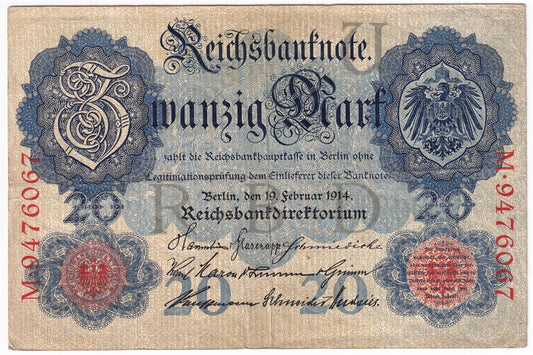 Germany 1914 20 Mark Note, Pick #46b 7 Digit, F