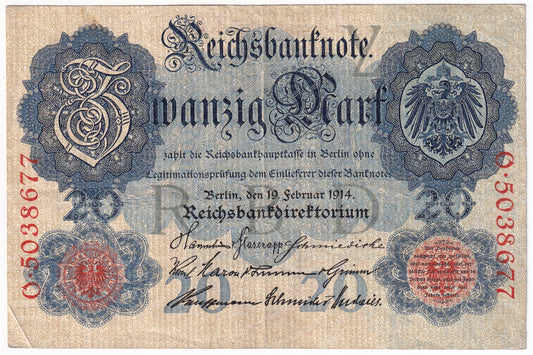 Germany 1914 20 Mark Note, Pick #46b 7 Digit, VF