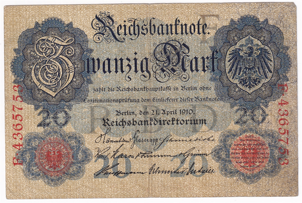 Germany 1910 20 Mark Note, Pick #40b 7 Digit, F