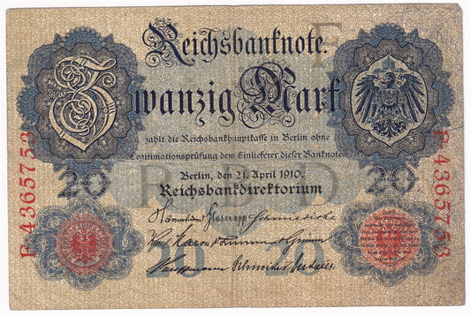 Germany 1910 20 Mark Note, Pick #40b 7 Digit, F