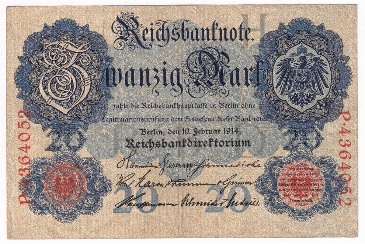 Germany 1914 20 Mark Note, Pick #46b 7 Digit, F-VF