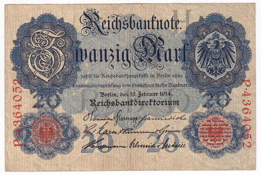 Germany 1914 20 Mark Note, Pick #46b 7 Digit, F-VF