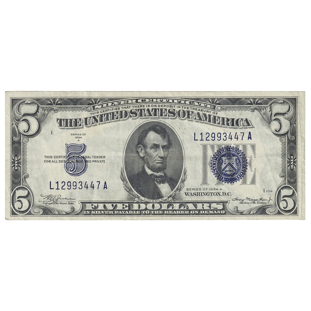 USA 1934A $5 Note, FR #1651, Julian-Morgenthau, Silver Certificate, VF-EF