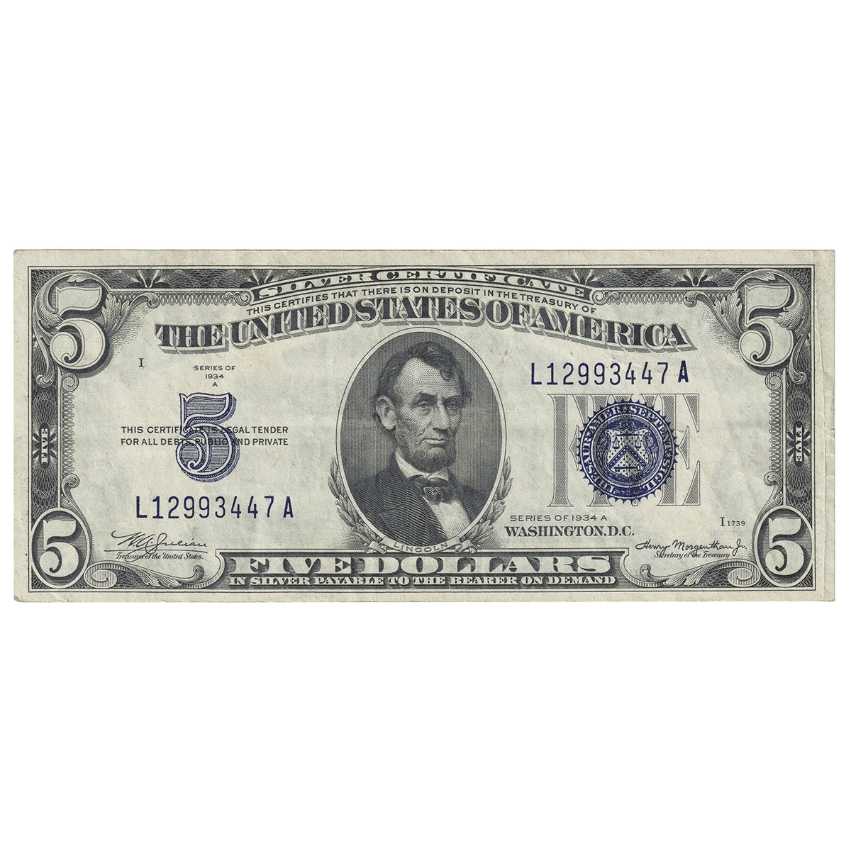 USA 1934A $5 Note, FR #1651, Julian-Morgenthau, Silver Certificate, VF-EF