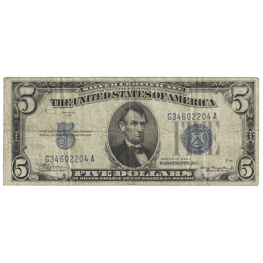 USA 1934A $5 Note, FR #1651, Julian-Morgenthau, Silver Certificate, F-VF